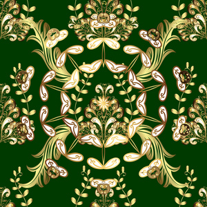 矢量传统的经典金色无缝图案上的绿色。 巴洛克风格的无缝东方装饰。