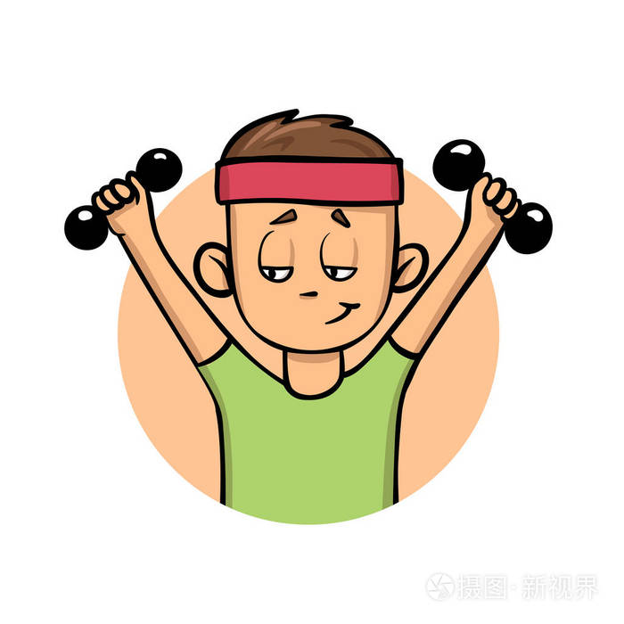 训练男孩用哑铃.积极的生活方式.卡通设计图标.平面矢量图.