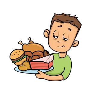 男孩拿着盘子里装满了垃圾食品。暴饮暴食。卡通设计图标。平面矢量图。在白色背景下隔离