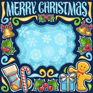 圣诞快乐假期黑暗海报矢量框架与儿童袜子可爱姜饼人叶冬青浆果糖果礼盒和原始刷字祝词圣诞快乐。