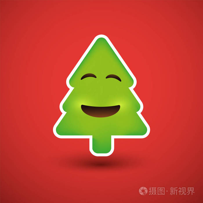 微笑的表情符号简单的圣诞树形状的表情在红色背景