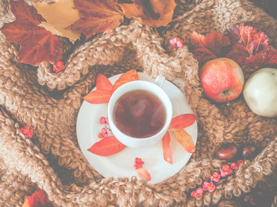白色的杯子里有热茶蒸汽毛料围绕着一个茶托，五颜六色的枫叶在布上，两个苹果和栗子，秋天的样子，茶托上有红叶，非常明亮