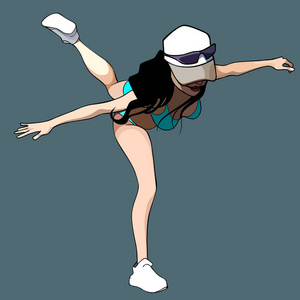 穿着泳装的卡通女子站在一条腿上做运动