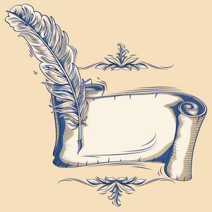 旧卷轴和羽毛笔照片