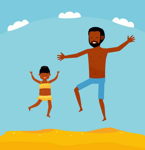 快乐的父亲和他在海滩上可爱的小女儿。 积极的旅行概念。 卡通平面风格插图。