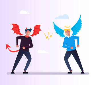 神魔冲突对立概念.宗教矢量平面卡通图案设计照片