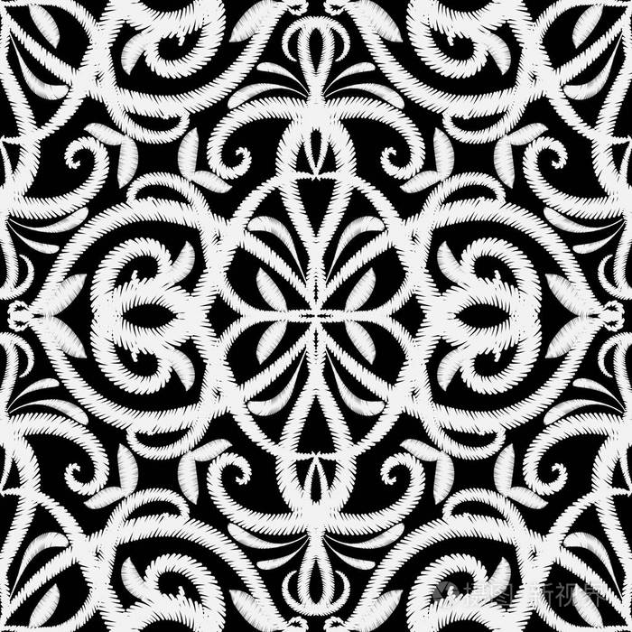 装饰巴洛克挂毯装饰.绣花,树叶,漩涡,线条.色调黑色白色纹理背景