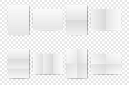 矢量逼真白色空白垂直 A4 折叠纸页, 海报, 打开小册子模型集特写镜头查出。空纸封面或传单模型的设计模板。正面或顶部视图