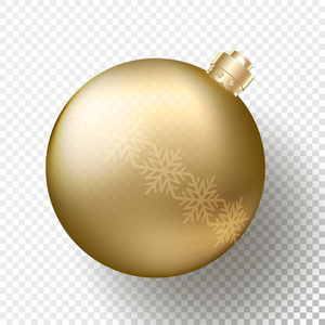 一个现实的圣诞节或新年透明摆设, 球体或球在金属金色与雪花图案, 金色装饰帽和影子。矢量插图 eps10