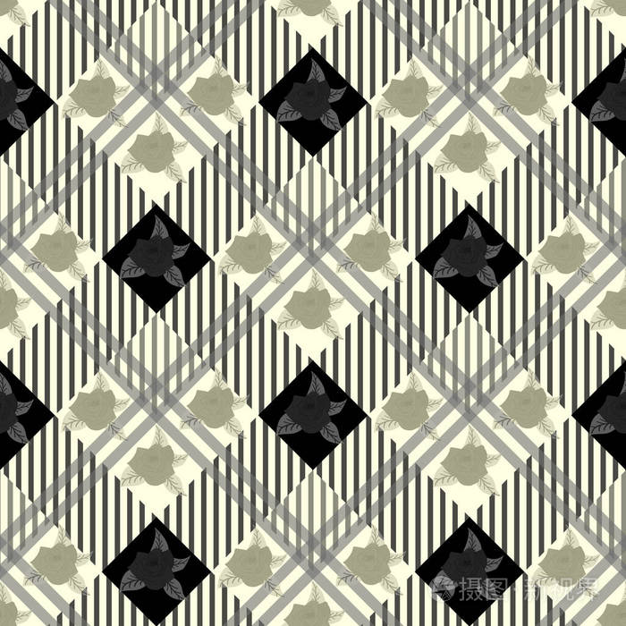 漂亮花里的无缝可爱图案. 复合覆盖. 格子花背景上的花卉安排.