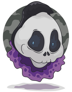 淘气鬼戴着一个头骨,就像一个面具盖着一顶帽子,漂浮着,为万圣节的