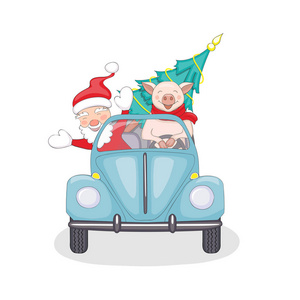 孤立的卡通猪杉和圣诞老人在复古车上的白色背景。 插图与猪标志2019年新年或圣诞卡横幅。 EPS1
