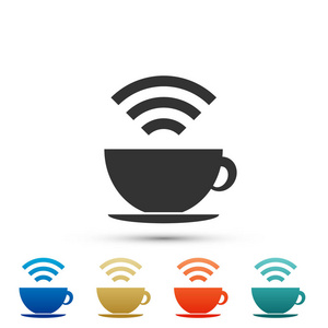 一杯咖啡店与免费的 wifi 区域图标隔离在白色背景。互联网连接标牌标志。在彩色图标中设置元素。平面设计。向量例证