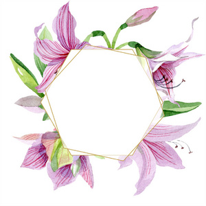 水彩粉红色花。 花卉植物花。 框架边框装饰广场。 背景纹理包装图案框架或边框的水花野花。