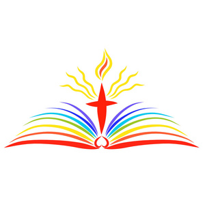 在一本开放的彩虹书圣经上闪耀着十字架照片