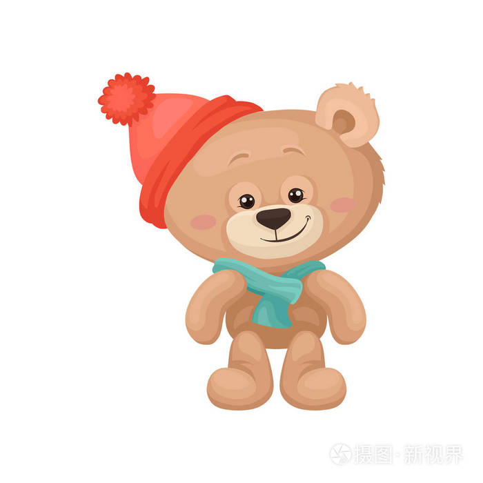 可爱的泰迪熊粉红色的脸颊和闪亮的眼睛戴着温暖的帽子和围巾.