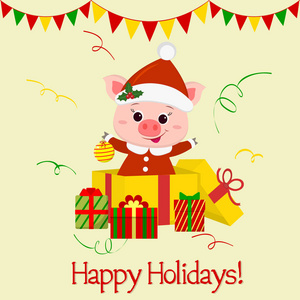 新年快乐，圣诞贺卡快乐。 一只戴着圣诞老人帽子和围巾的快乐猪站在礼品盒里拿着礼物。 中国日历上新年的象征。 2019.矢量。