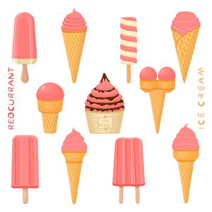 矢量插图天然红醋栗冰淇淋粘在纸碗晶片锥。 冰淇淋由甜的冷冰淇淋Lolly组成，设置美味的冷冻甜点。 红醋栗的水果冰淇淋