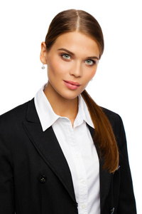 商业肖像。 一位身穿商务服的年轻金发女子的特写