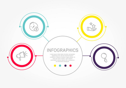 现代平面矢量插图。 具有四个元素圆的圆形信息图形模板。 包含文本和图标。 为业务演示设计网页设计图，有4个步骤。