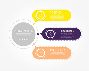 现代平面矢量插图。 具有三个元素矩形的圆形信息图形模板。 包含文本和图标。 设计商业演示，网页设计图，有3个步骤