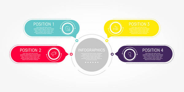 现代平面矢量插图。 具有四个元素矩形的圆形信息图形模板。 包含文本和图标。 为业务演示设计网页设计图，有4个步骤。