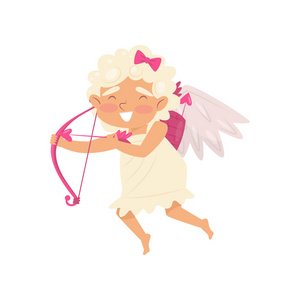 弓和箭的设计欢快的丘比特在飞行行动.天使的爱与弓和箭.