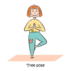 儿童瑜伽标志. 女孩在树上摆姿势. 矢量图.照片