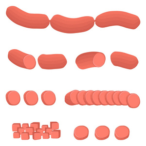 矢量图标插图标志设置整个香肠萨拉米切片猪肉火腿。 香肠图案由天然美味的食物肉半乳香肠组成。 吃新鲜的生烟熏牛肉香肠健康。