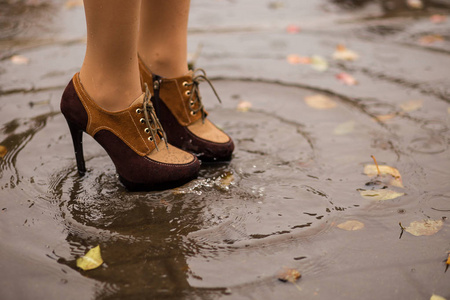 穿着棕色靴子的年轻白种人女人的脚站在一个水坑里,树叶和雨滴在雨中