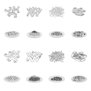 面食和碳水化合物标识的孤立对象。意大利面食和通心粉股票符号的收集