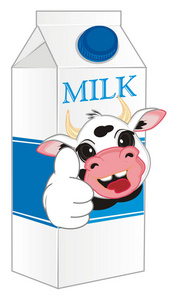 微笑的奶牛从牛奶盒里偷看图片