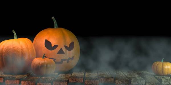 灯笼在月光下闪耀在幽灵般的夜晚-万圣节场景, 3d 渲染照片