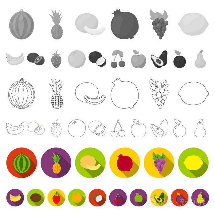 不同的水果平面图标集合中的设计.水果和维生素矢量符号股票 web 插图