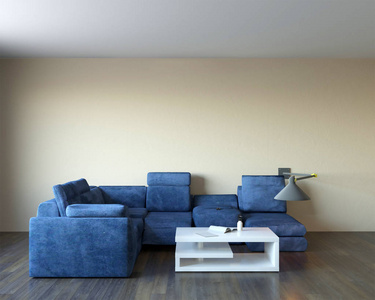蓝色天鹅绒沙发在现代室内设计中的三维渲染