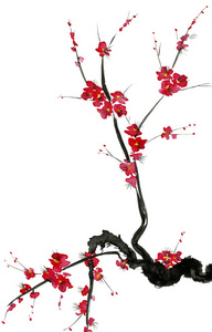一棵开花的树的树枝。 粉红色和红色的风格花梅野生杏和樱花。 水彩和水墨插图的风格相扑。 东方传统绘画。