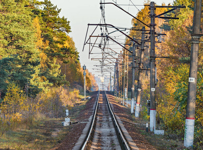 直线铁路在秋季傍晚时间