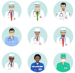 医学概念。不同的医生, 护士角色头像图标设置在扁平风格隔离。不同的医务人员微笑的面孔。向量例证