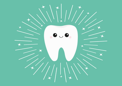 护理卡健康的白色牙齿图标与笑脸. 可爱的卡通人物. 圆线圈.