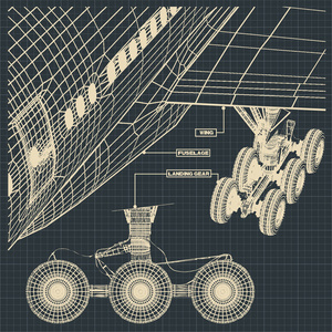 复古风格的民用喷气式飞机图纸片段矢量插图