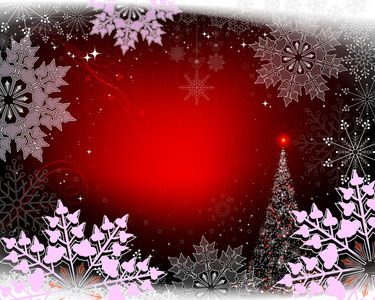 红色背景与浅紫色的雪花和一颗闪亮的圣诞树