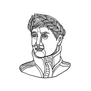 单线插图的皇帝或拿破仑波拿巴戴着月桂叶冠在头上,看着侧面做的黑白