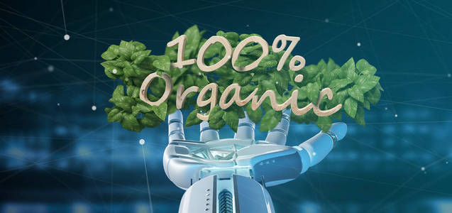 一个半机器人持有一个木制标志100有机与树叶约3D渲染的视图。