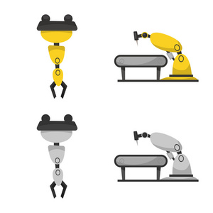机器人和工厂图标的矢量说明。网络中机器人与空间股票符号的采集