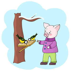 矢量可爱有趣的小猪正在喂食面包屑和葵花籽在喂食鸟雏菊在冬天.