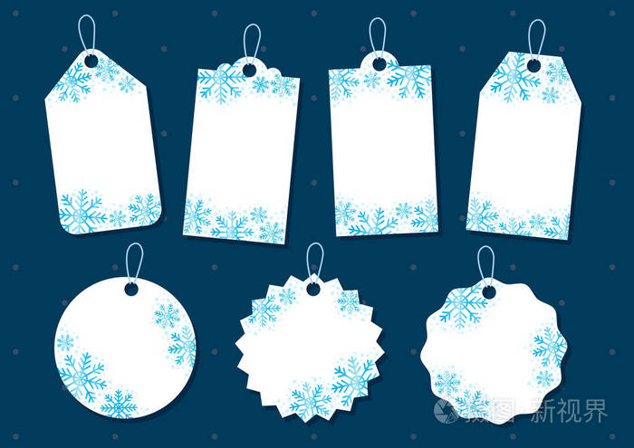 雪花圣诞礼品标签收集销售推广和礼品卡向量在不同的形状与空白的文字。