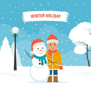 快乐的男孩在城市公园里做雪人。概念冬季娱乐和儿童活动。圣诞节假期。平面样式的矢量插图