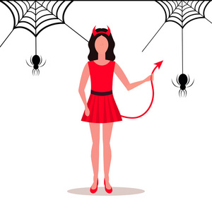 妇女穿着魔鬼服装角尾巴蜘蛛网孤立的背景快乐万圣节概念女性动画片