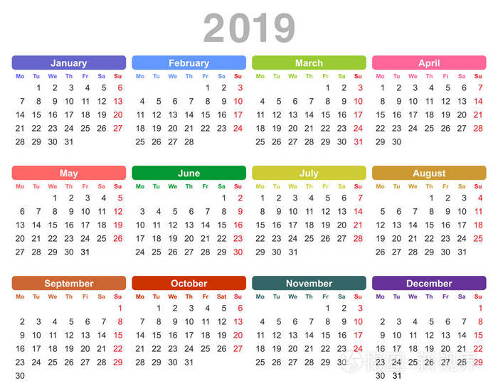彩色矢量插图2019年年度日历星期一第一英语孤立在白色背景上