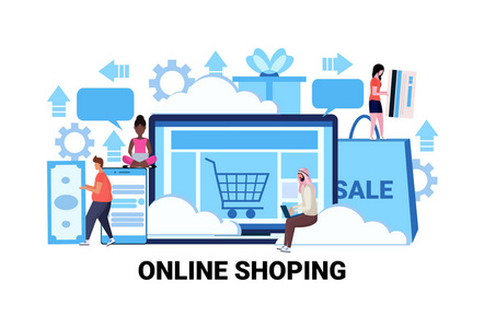 电脑应用网上购物概念季销售电子商务扁平水平